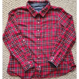 Tommy‎ Hilfiger Women's XLarge Red Plaid Button Down Shirt Metallic Accents